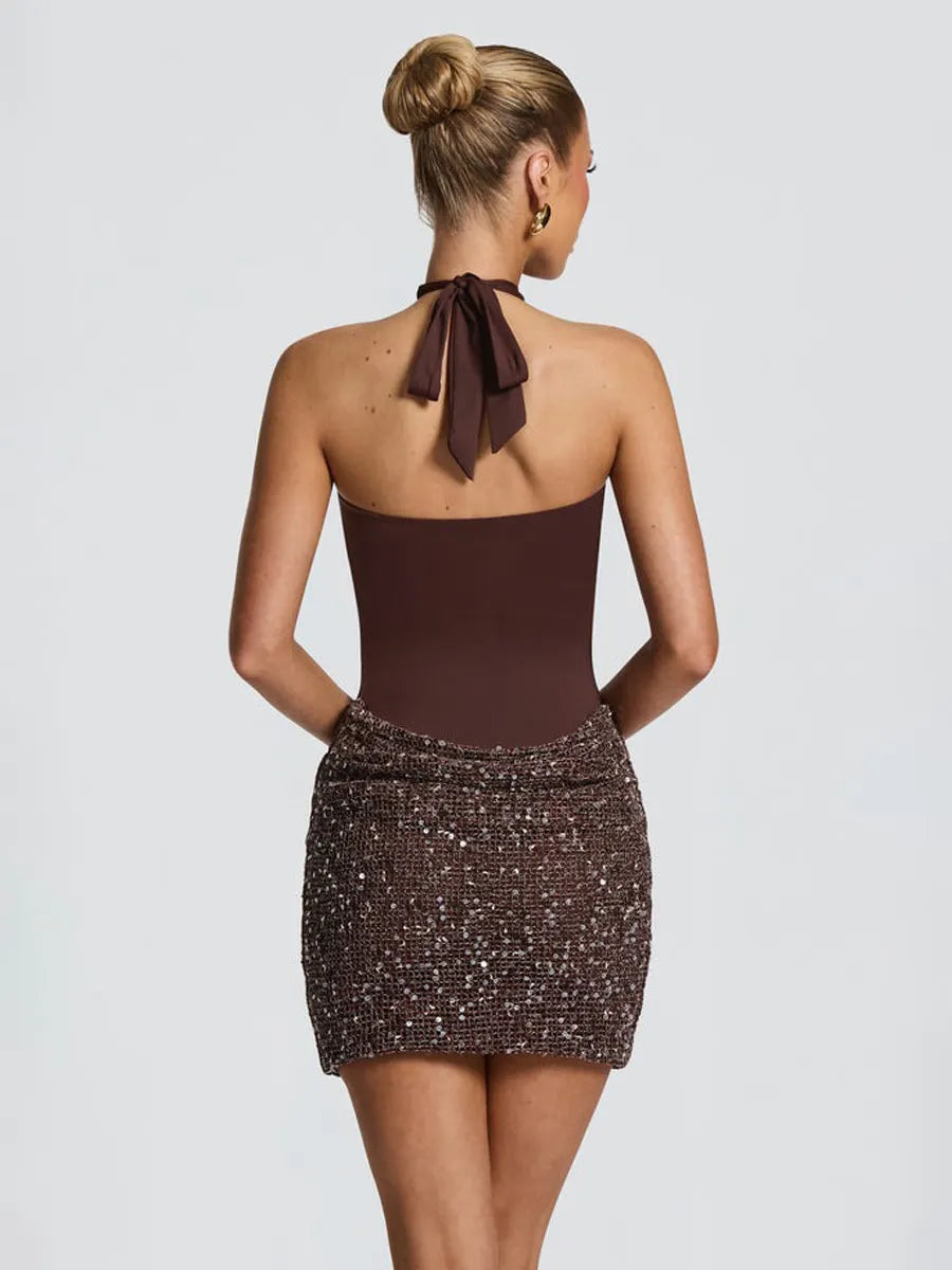 Evangeline Cross Halter Sequin Mini Dress