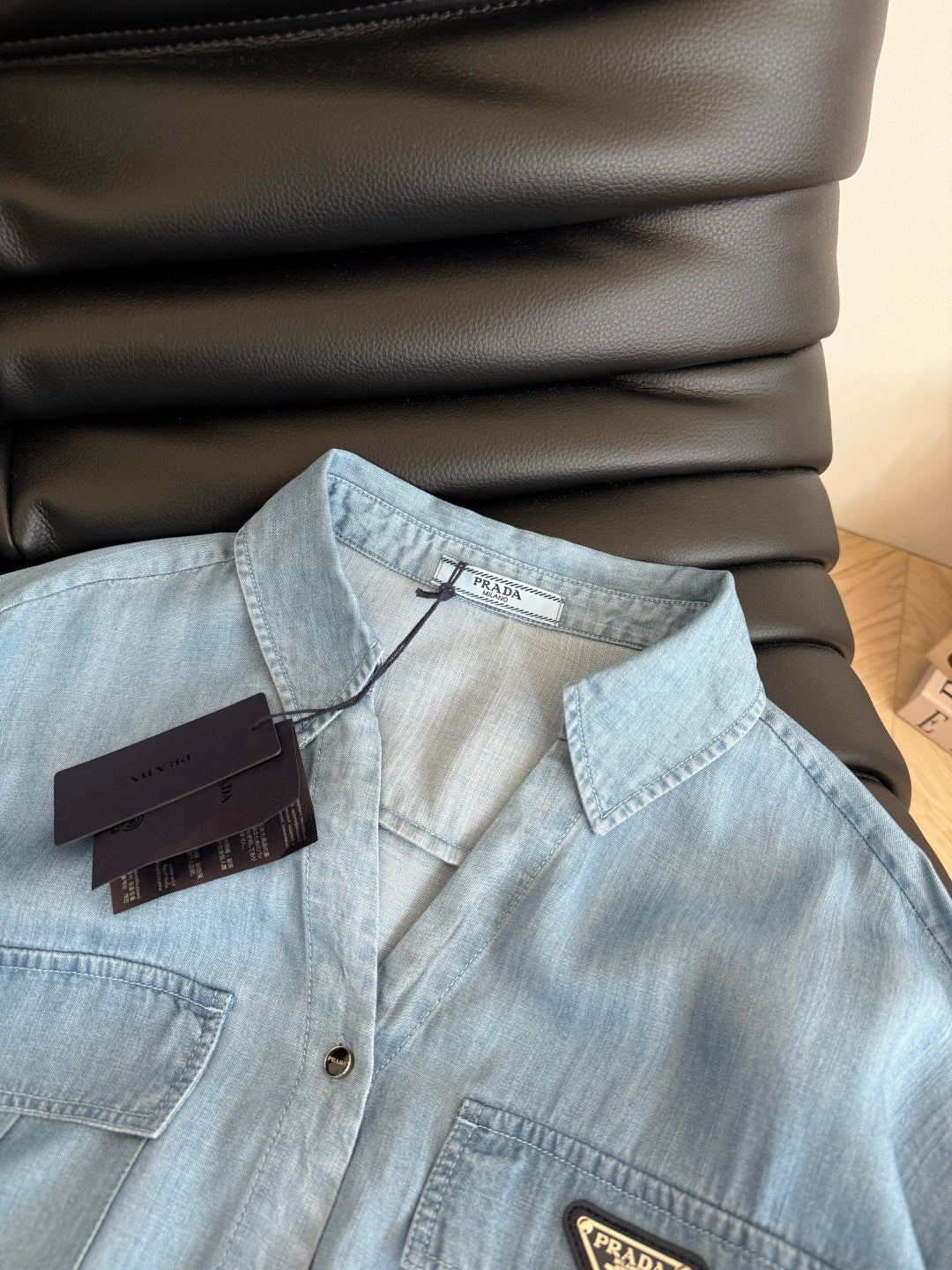 Prada Denim Bow Tie Shirt Light Blue Cotton