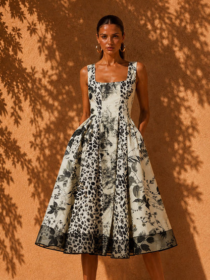 Zoey Sleeveless Ink-Wash Print Midi Dress