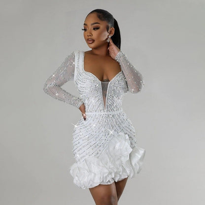 Sexy Rhinestone Beaded Bodycon Dress Long Sleeve