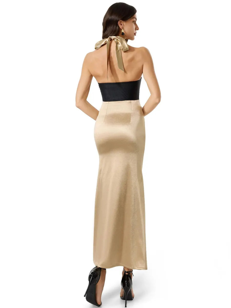 Aleah Color-Block Slim-Fit Halter Maxi Dress