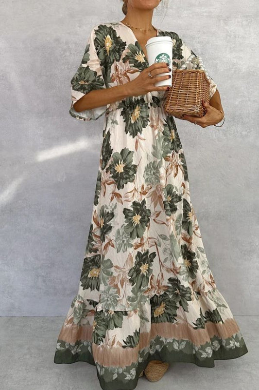 Retro V-neck Printed Short-sleeved Waist-length Maxi Dress