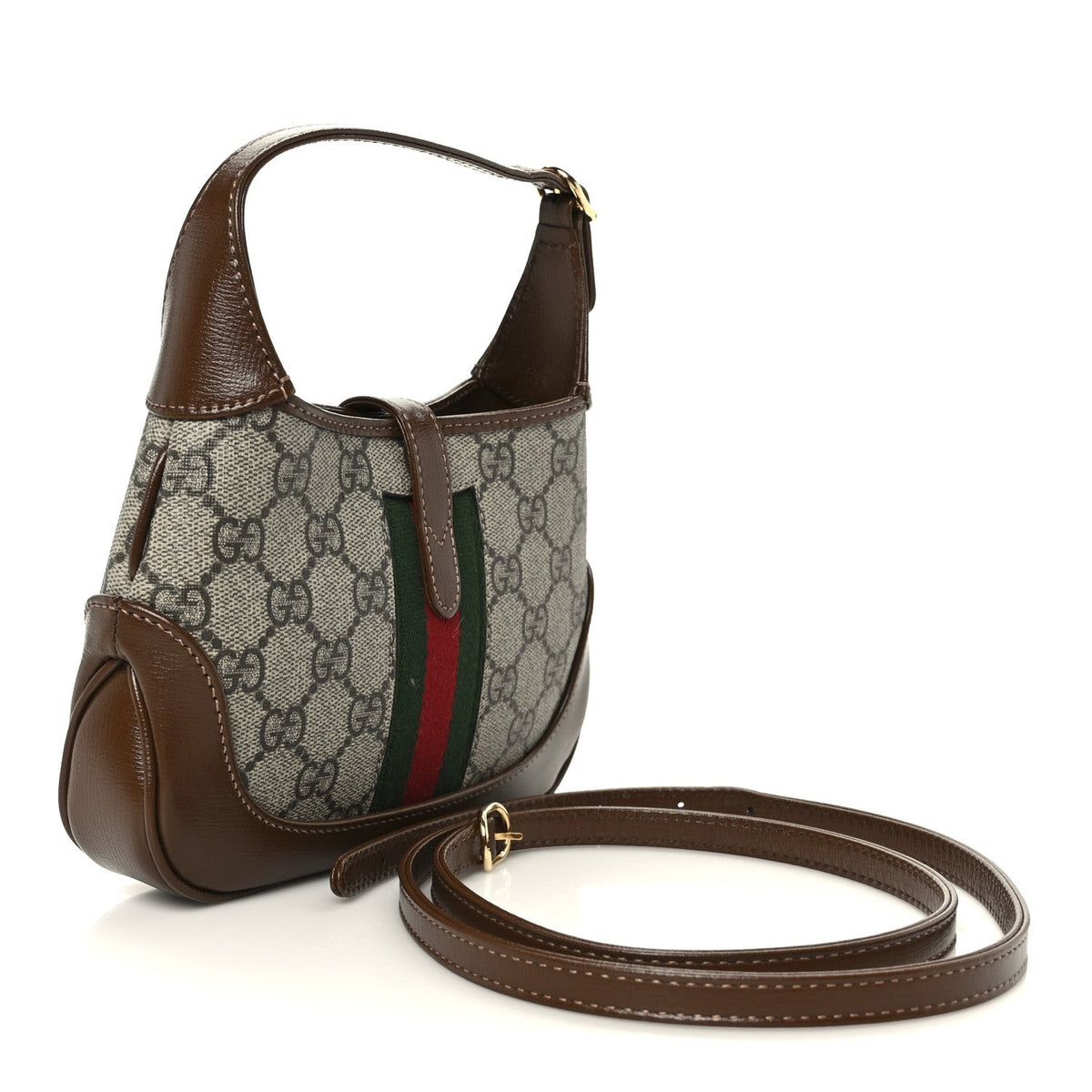 GG Supreme Monogram Azalea Calfskin Web Mini Jackie 1961 Hobo Beige Ebony Brown Sugar