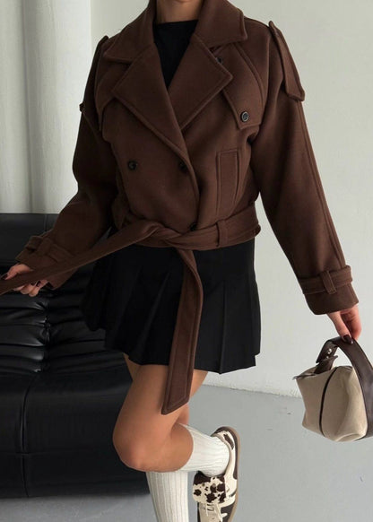 Cropped Wool Blend Belted Trench Jacket