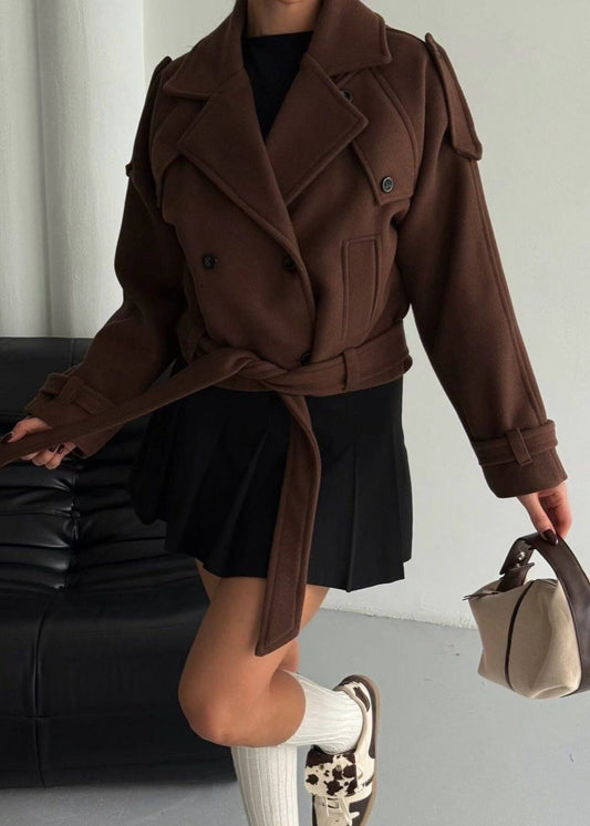 Cropped Wool Blend Belted Trench Jacket