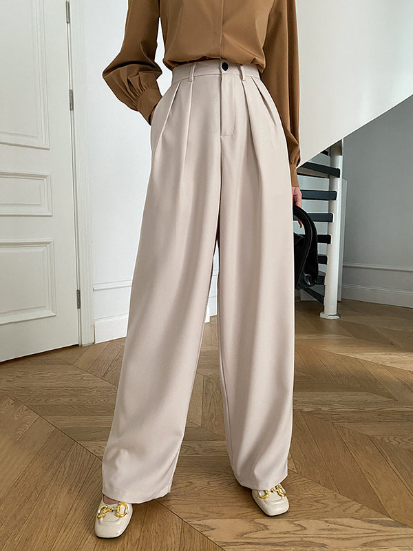 Loose Wide Leg Pleated Solid Color Pants Trousers