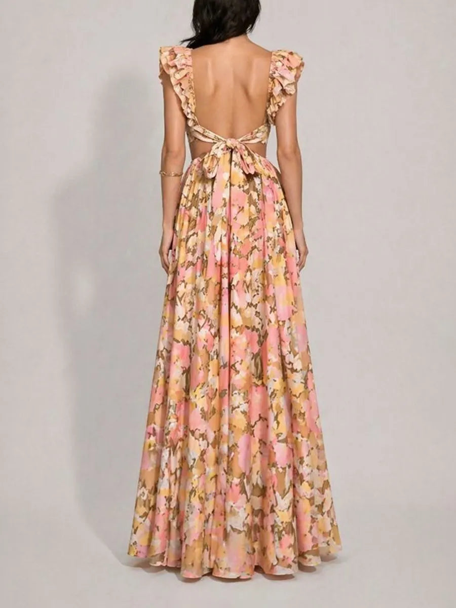Marina Printed V-Neck Ruffled Cutout Sleeveless Maxi Dress