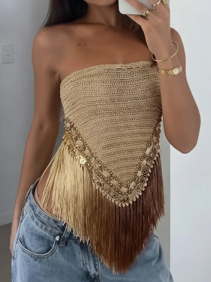 Camille Tassel Fringe Beaded Crop Top