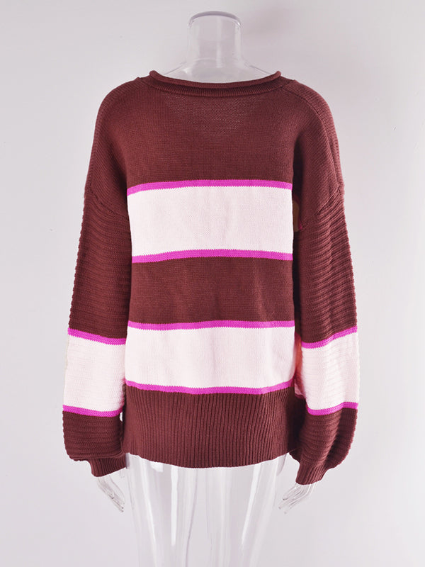 Casual Long Sleeves Loose Striped V-Neck Sweater Tops