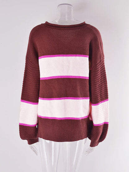 Casual Long Sleeves Loose Striped V-Neck Sweater Tops