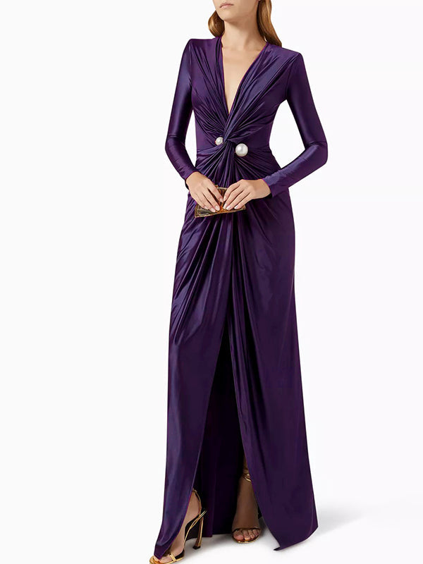 Bodycon Long Sleeves Pleated Solid Color Split-Front Tied Waist Deep V-Neck Maxi Dresses