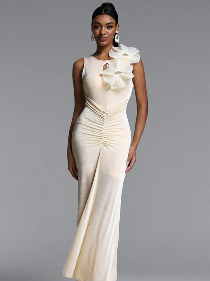 Elara Ruched Sleeveless Maxi Dress with Floral Accent