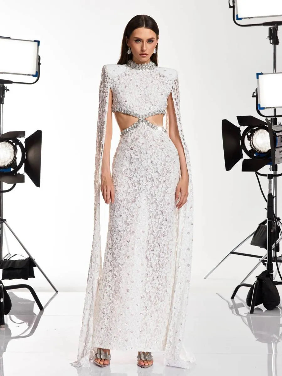 Savannah Cape Sleeve Rhinestone Cutout Maxi Dress