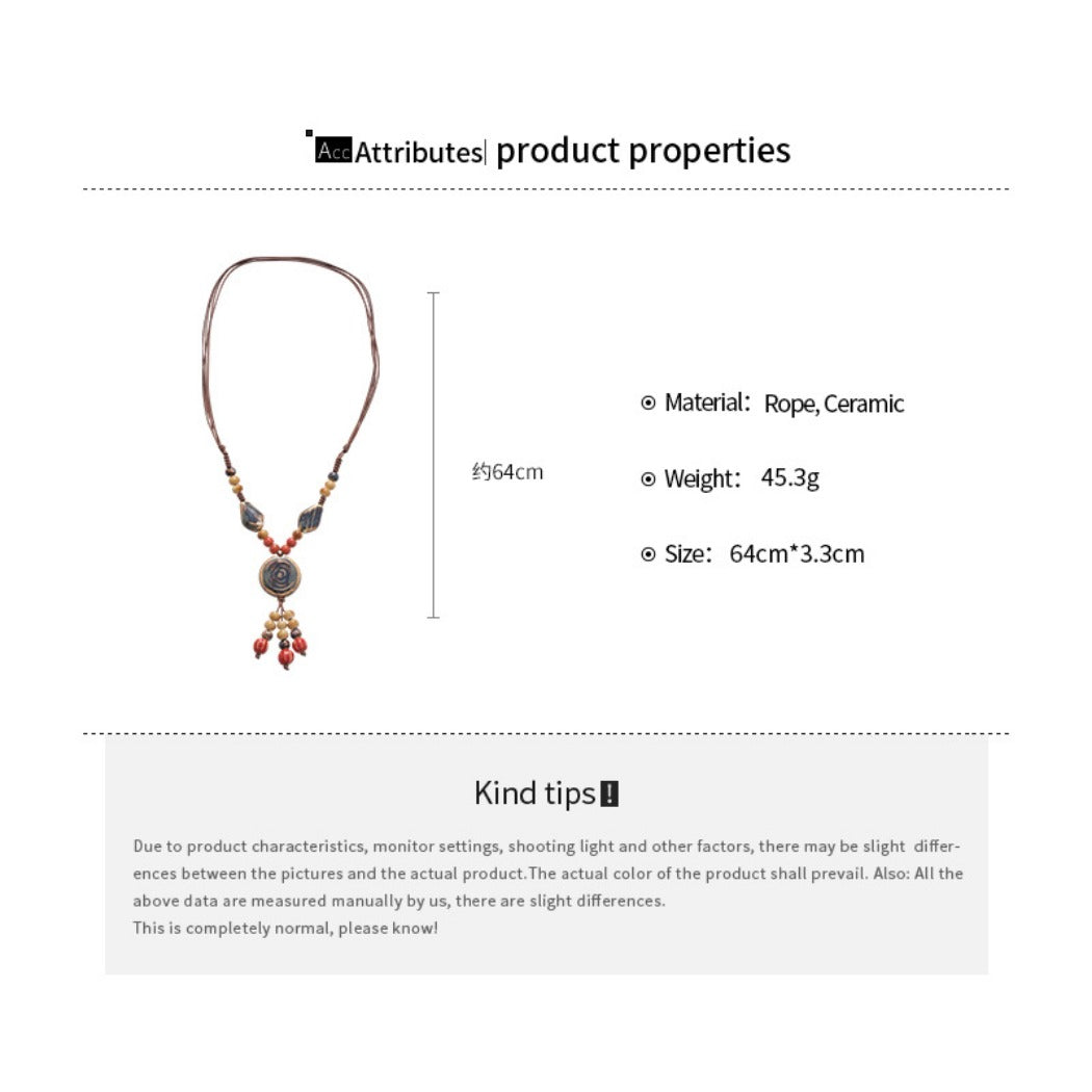 Bauai - Boho Ceramic Bead Fringe Long Necklace - Vintage &amp; Unique