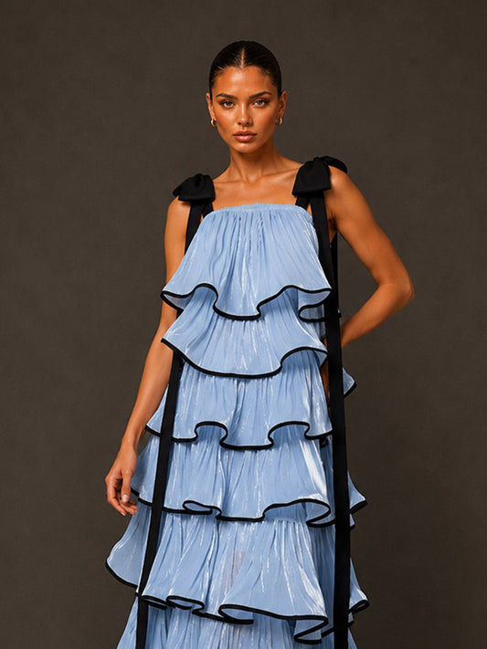 Clara Sleeveless Tiered Midi Dress with Bow Detail In Blue