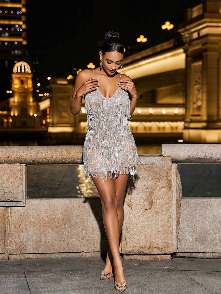 Leandra Crystal Chain Fringe Mesh Mini Dress