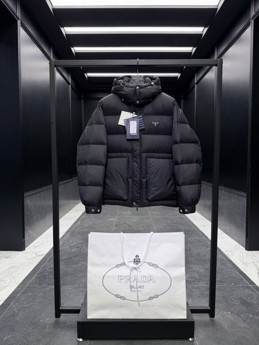 Prada 2025 Quilted Hooded Jacket Black Nylon Down