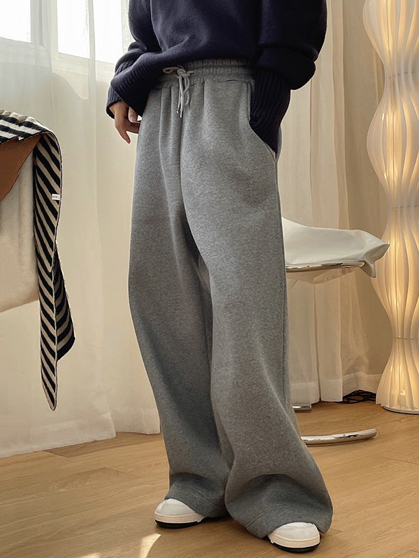 Simple Wide Leg Loose Velvet Drawstring Solid Color Casual Pants Bottoms