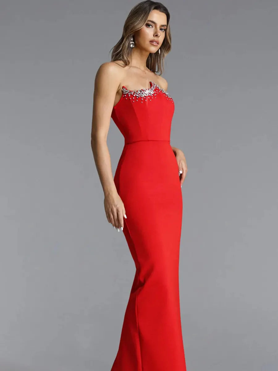Gabriela Glamorous Strapless Rhinestone Bandage Maxi Dress