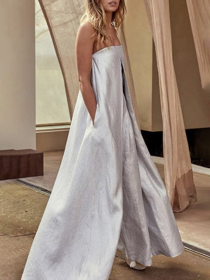 Wide Leg Solid Color Strapless Tube Jumpsuits