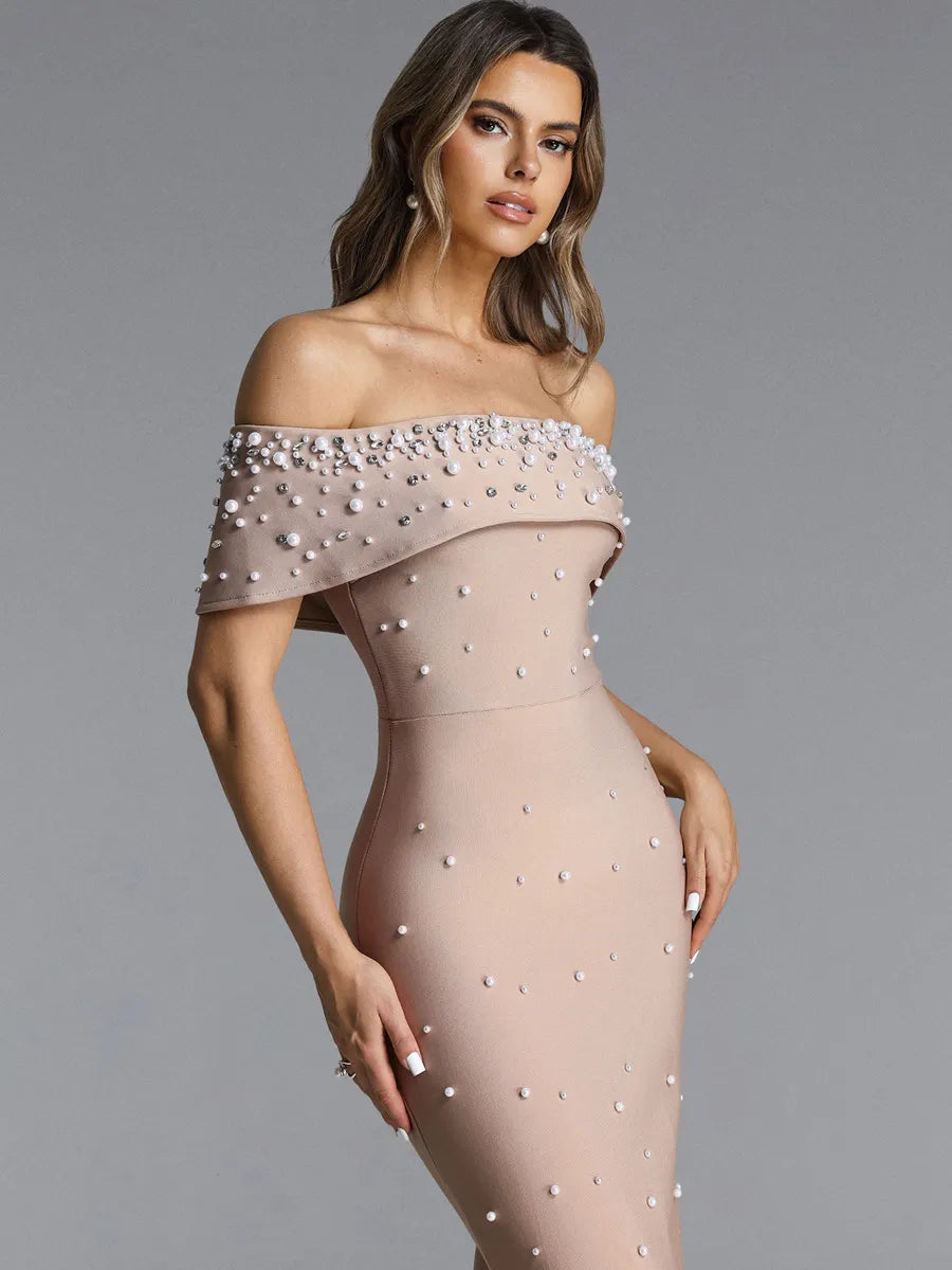 Giselle Off Shoulder Pearl Rhinestone Bandage Maxi Dress