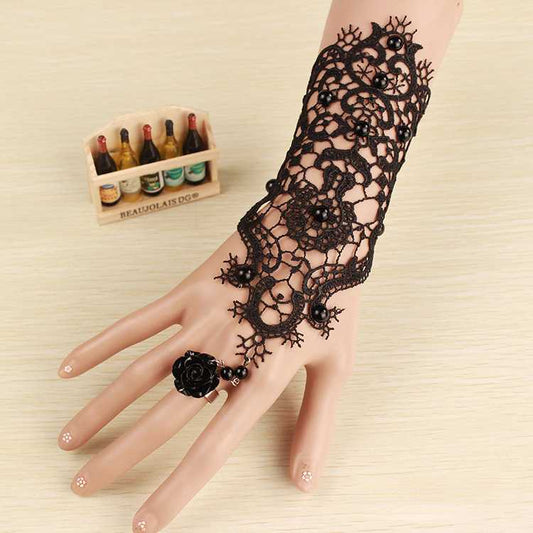 New Pearl Dress Accessories Black Lace Bracelet With Ring One Chain Bracelet