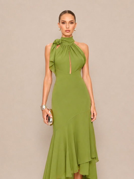 Junia Mesh Halter Midi Dress with Tie Detail