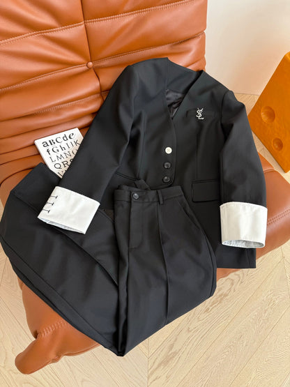 YSL 25 V-neck Suit Set Black Polyester