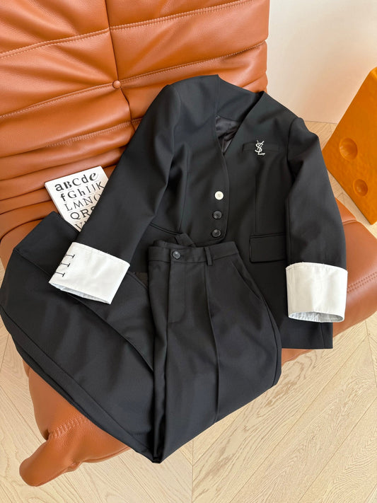 YSL 25 V-neck Suit Set Black Polyester