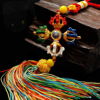 Tibetan Ping'An  Hung With Tantric Ten Phases Free Spinning Drum, Vajra Pestle Car Pendant Room Decor Pendant