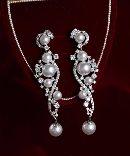 Classy White Stergild Silver Zircon Pearl Drop Earrings