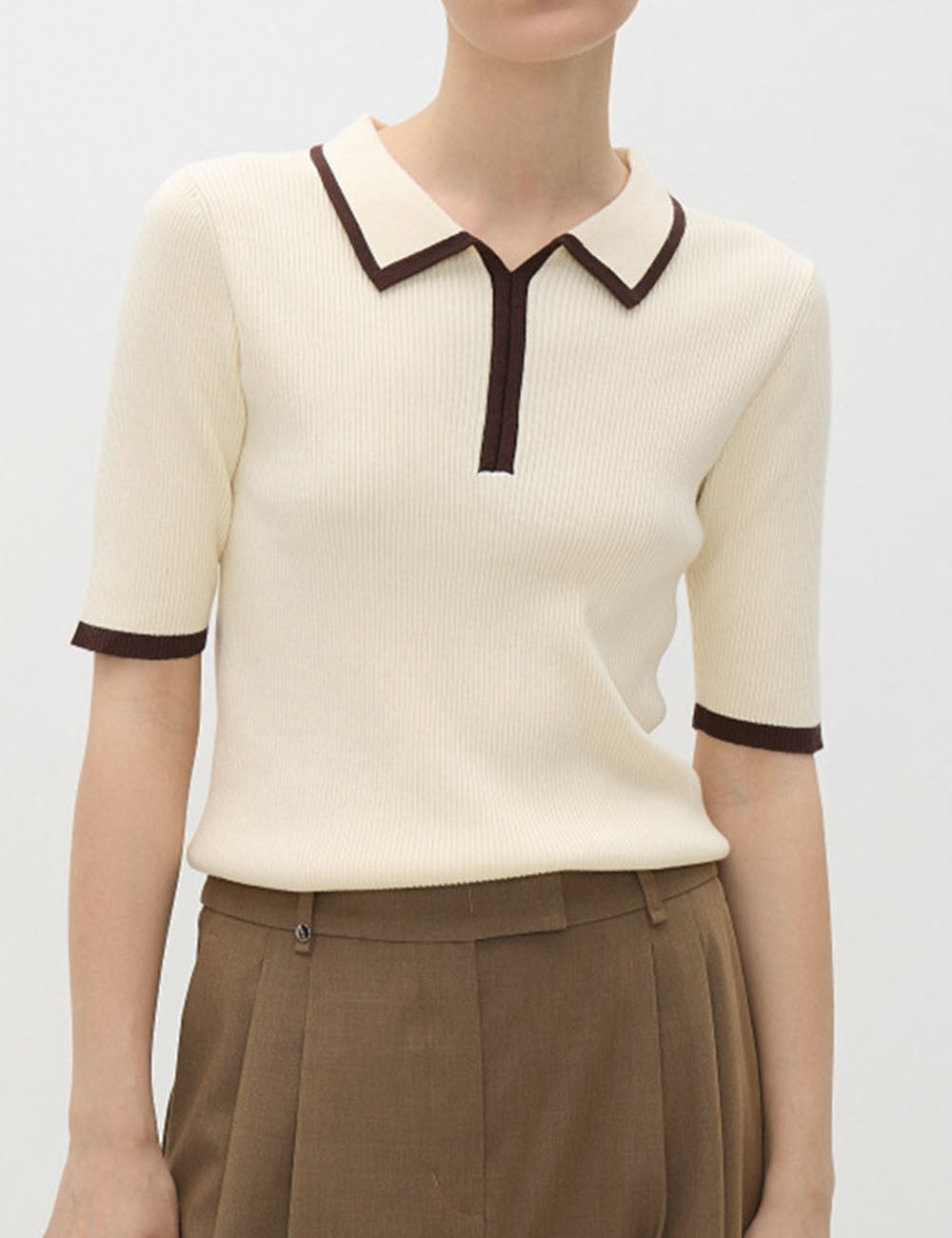 Ribbed Knit Polo Collar Short Sleeve Sweater