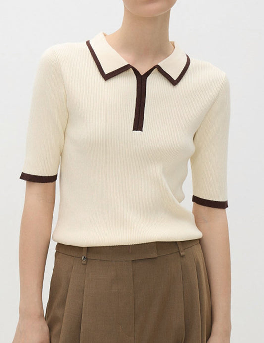 Ribbed Knit Polo Collar Short Sleeve Sweater