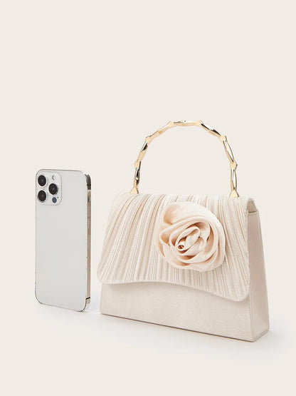 Eloise Pleated Satin Flower Gold Bamboo Handle Bag