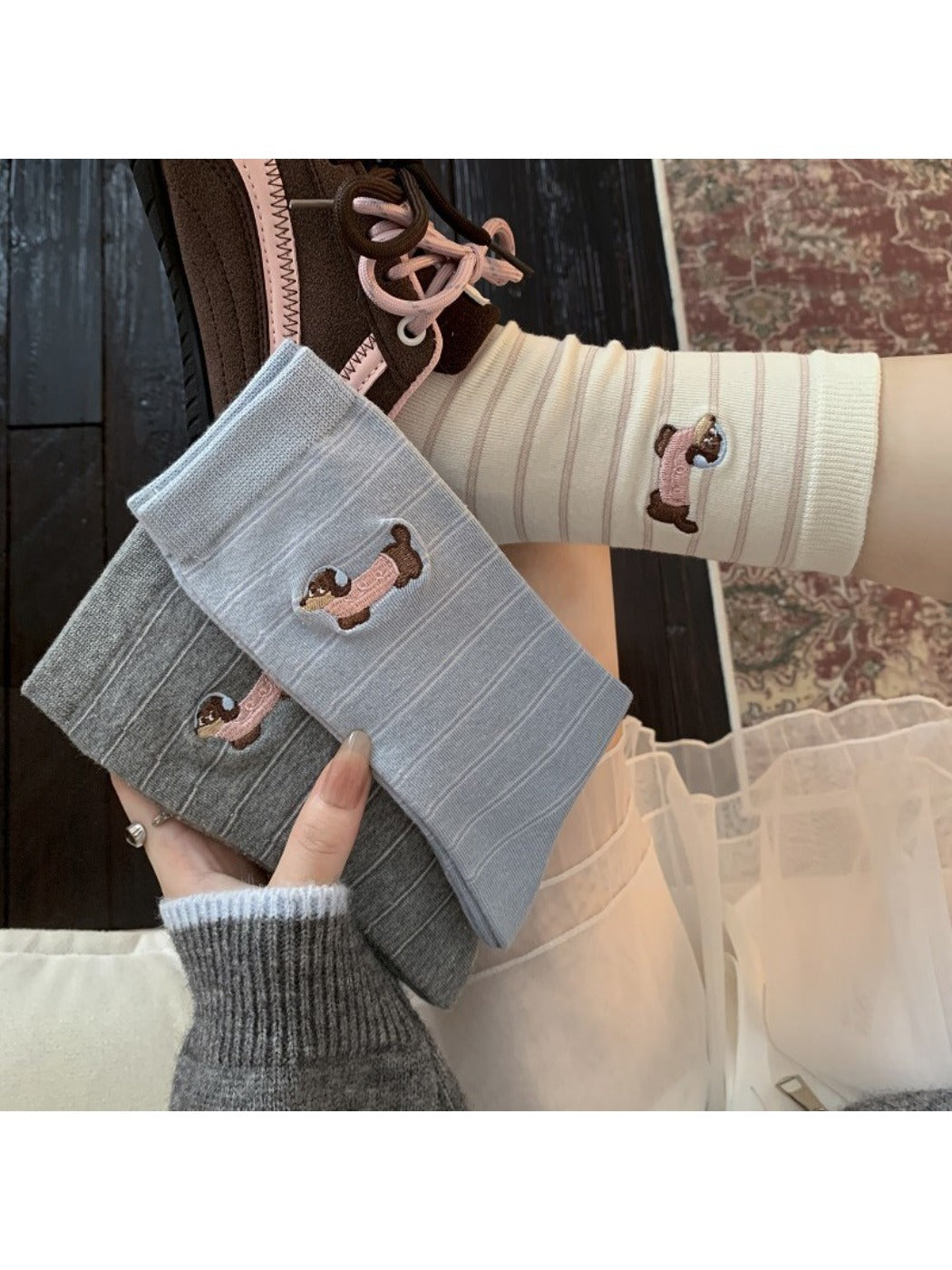 Rufia - Cute Dog Embroidered Mid-calf Socks
