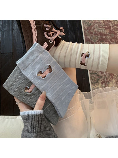 Rufia - Cute Dog Embroidered Mid-calf Socks