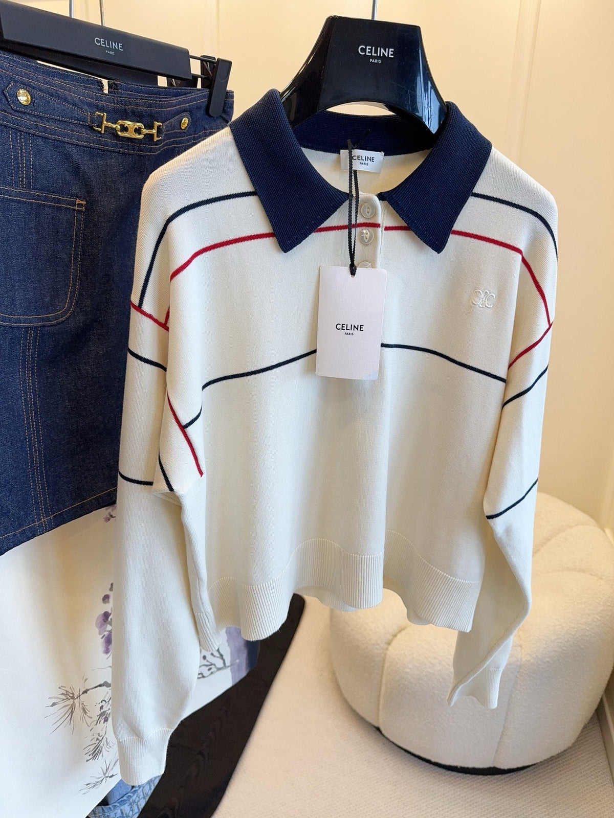Celine 25 Polo Long Sleeves Shirt White Silk Cotton