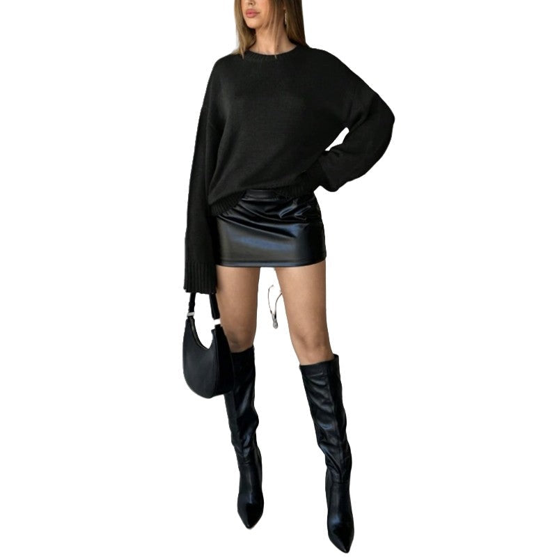 Loose Solid Color Round Neck Long Sleeve Sweater
