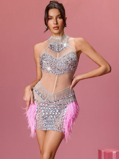 Marcella Rhinestone Crystal Fringe Mini Dress