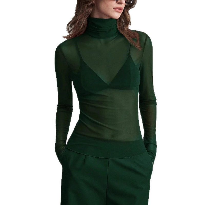 Mesh High Neck Long Sleeve Sheer Blouse