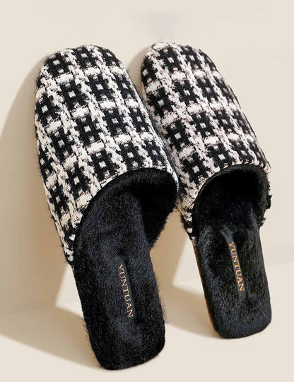 Elegant Color Block Plaid Plush Indoor Slippers
