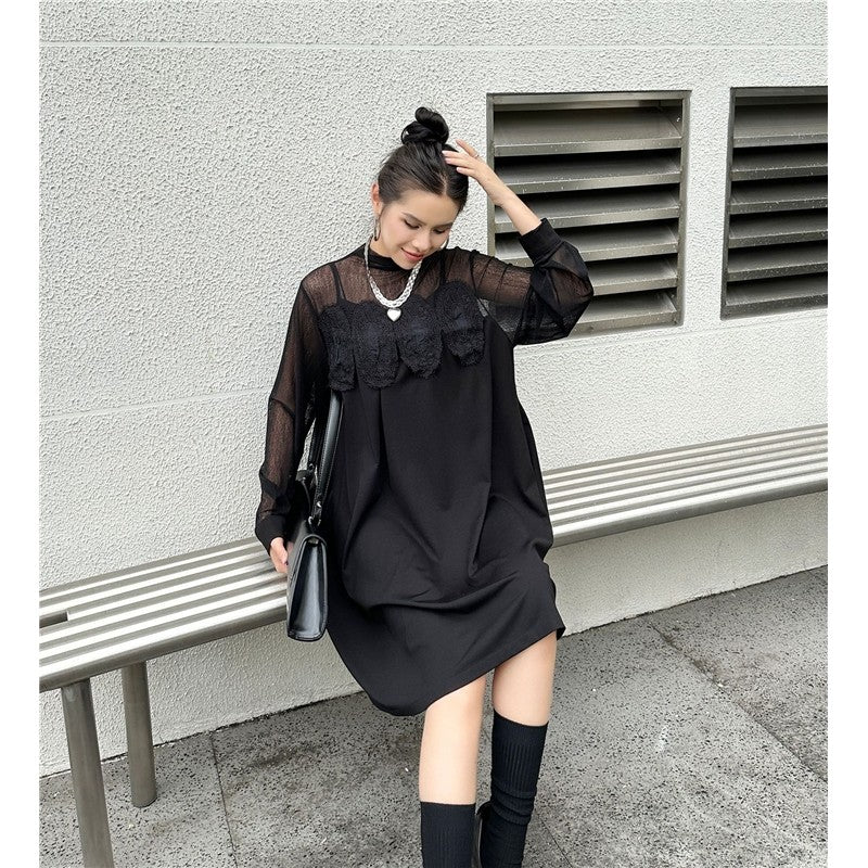 Hollow-Out Lace & Mesh Paneled Dress - Loose Fit, Luxury Feel, Elegant Mid-Length Dress For Women