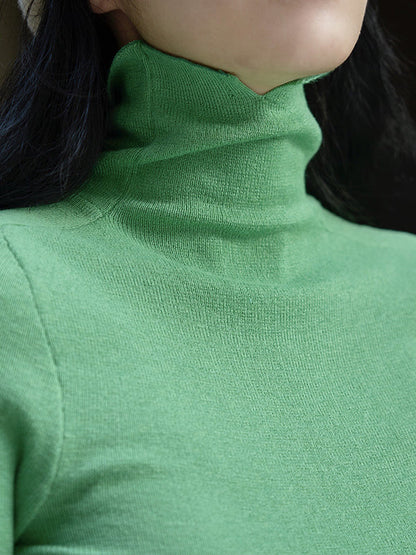 Korean-Style Long Sleeves Solid Color High-Neck Sweater Tops