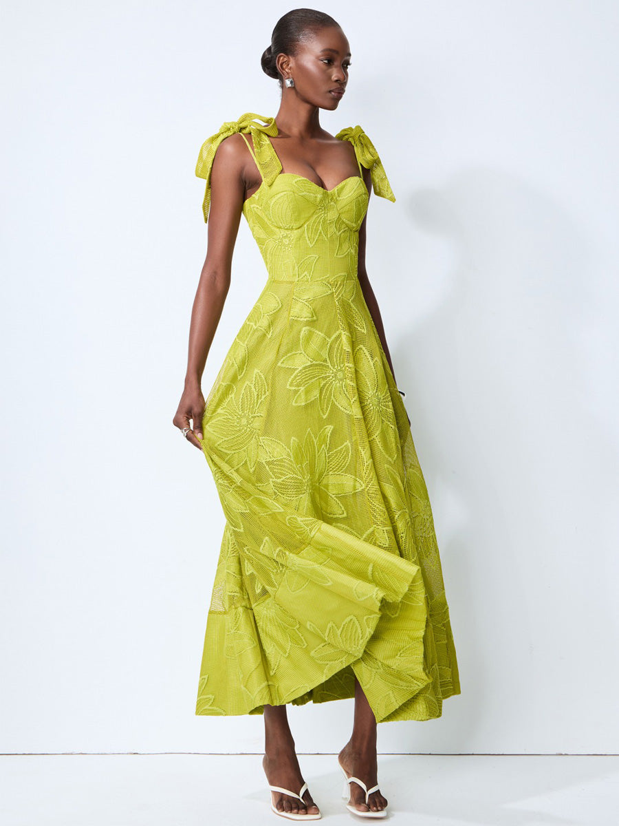 Ariana Romance Green Floral Lace Bow Strap Maxi Dress