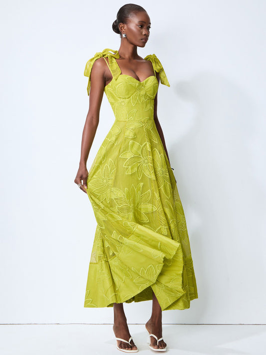 Ariana Romance Green Floral Lace Bow Strap Maxi Dress