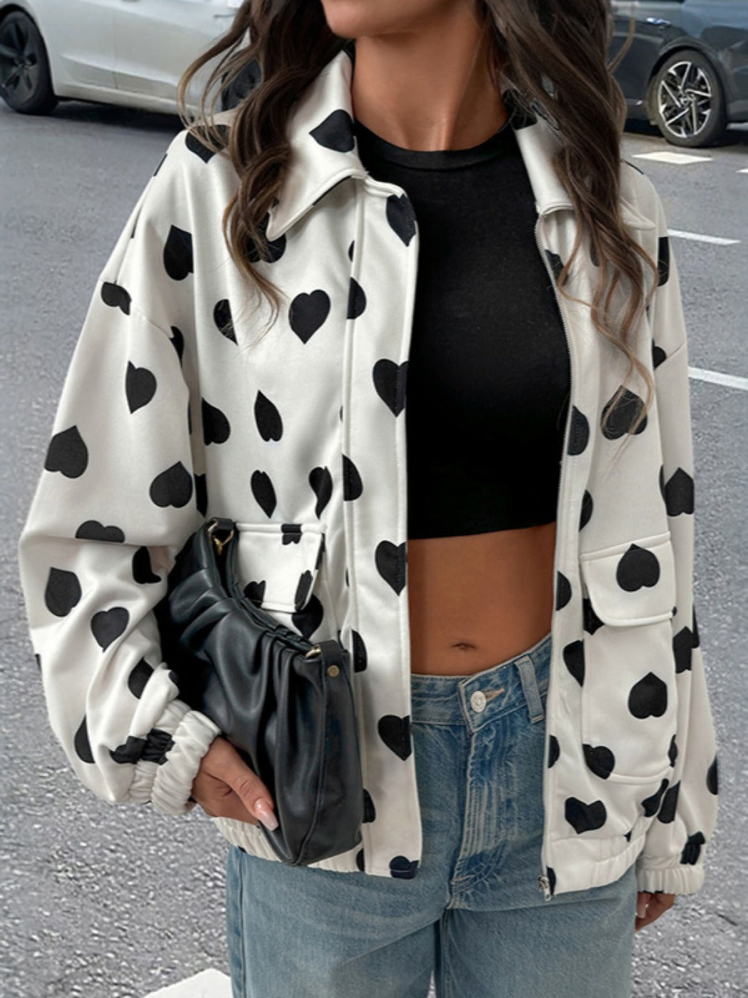Crosa - Sweet Street Style Heart-Print Zip-Up Jacket