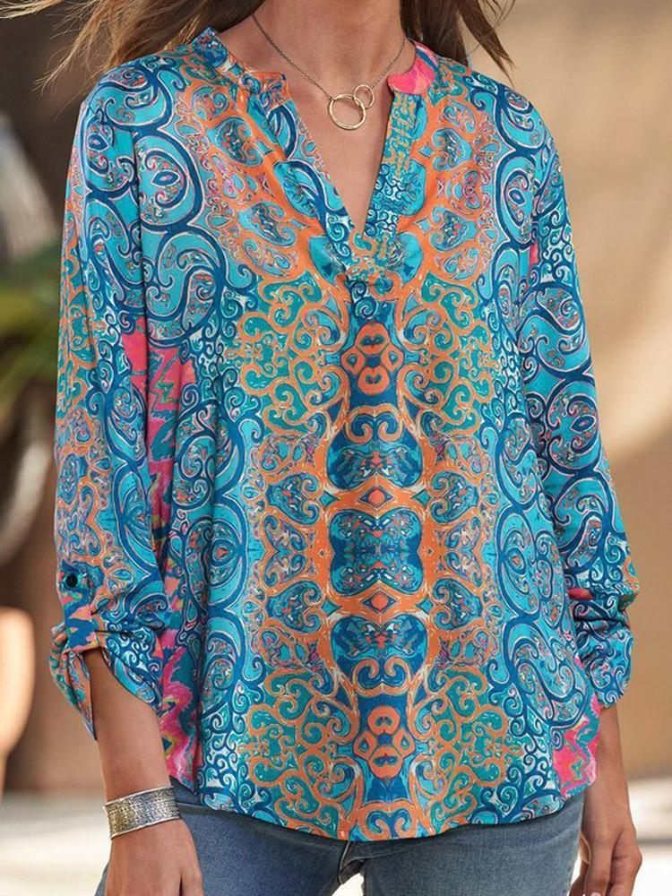 Floral Print Top Sexy V-Neck Long Sleeve Loose Casual Women Street Autumn Top
