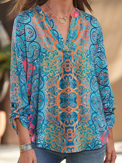 Floral Print Top Sexy V-Neck Long Sleeve Loose Casual Women Street Autumn Top