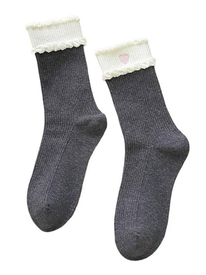 Rufia - Sweet Heart Embroidered Mid-Calf Winter Socks