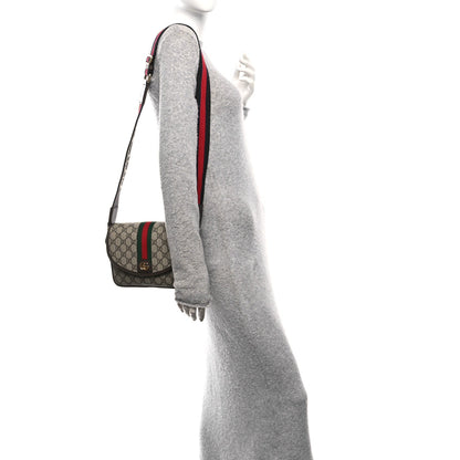 GG Supreme Monogram Textured Dollar Calfskin Web Studded Mini Ophidia Flap Shoulder Bag Beige Ebony New Acero